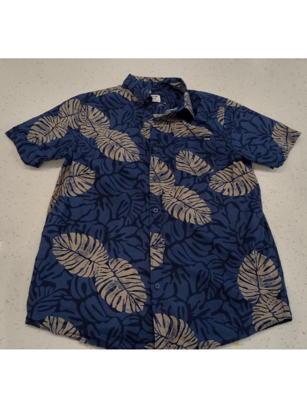 Hurley Dypsis Leaves Shirt Mens Medium Obsidian Blue Beige Monstera Tropical M